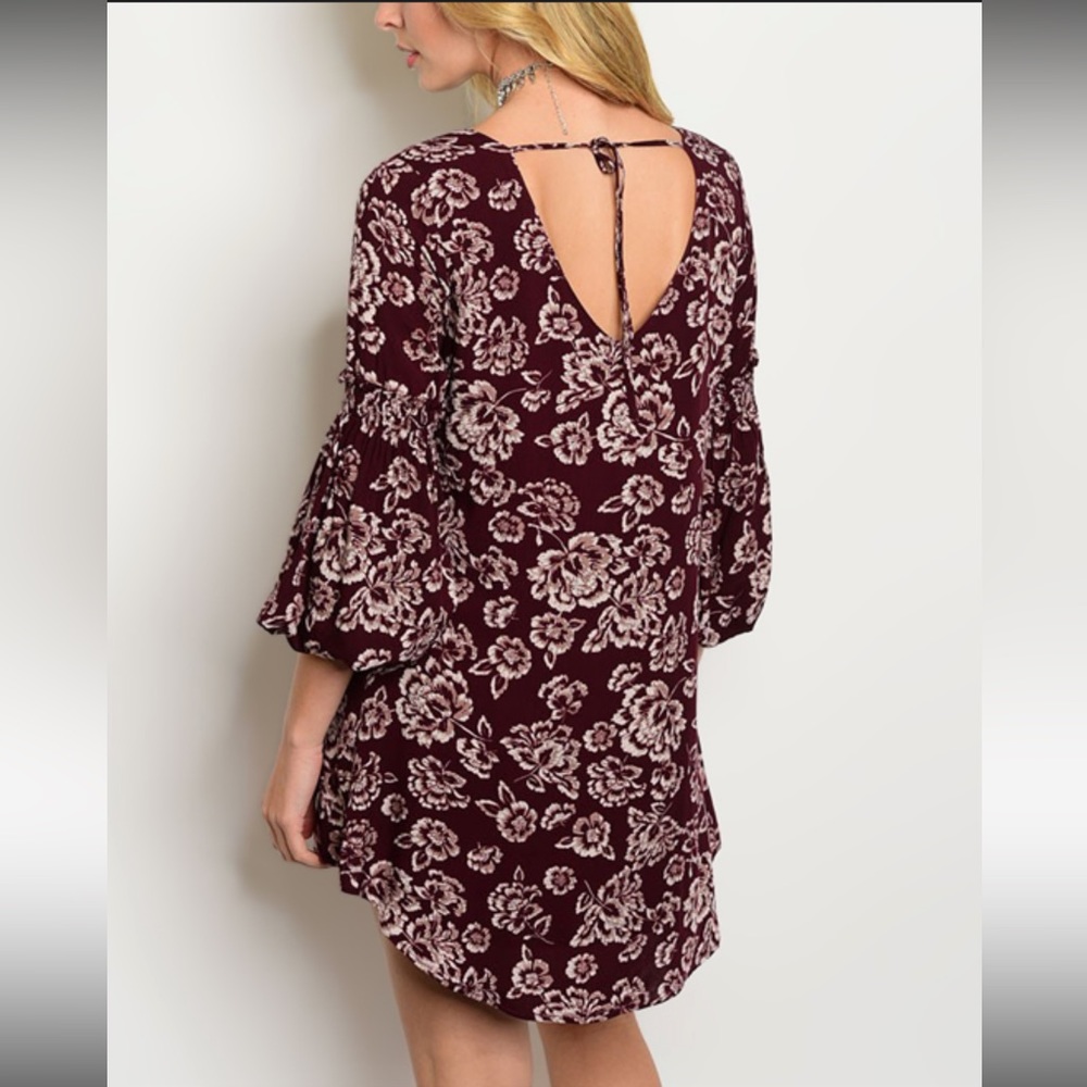 Wine Floral Sass Shift Dress with tie back